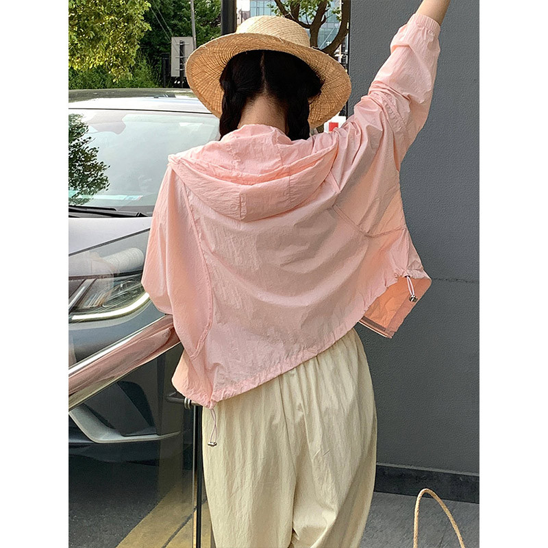 Chaqueta Corta de Protección Solar con Capucha para Mujer Nailon Protección UV Con Cremallera