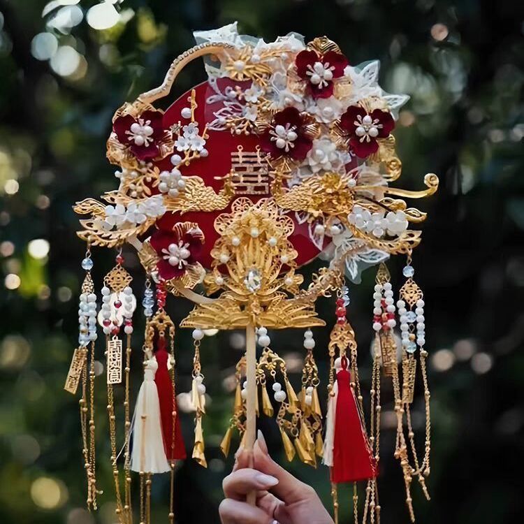 2色両面重工団扇花嫁結婚diy材料古風手作り秀禾高級マスク喜扇|undefined