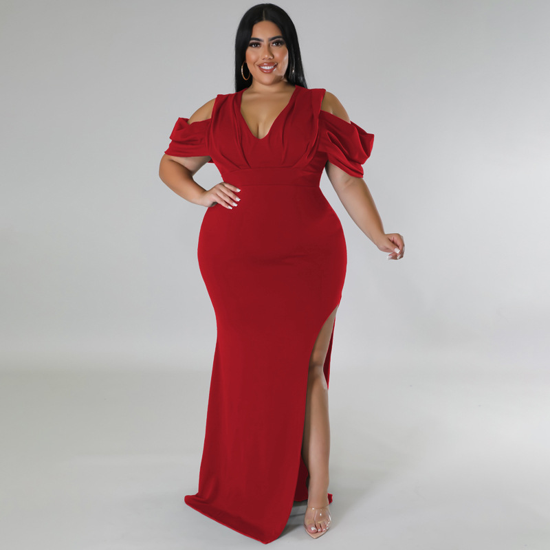 Plus Size V-neck Fishtail Maxi Dress High Slit Flutter Sleeve_voghion.com