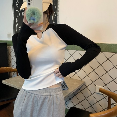 Design-Concept Contrast Half-Open Collar Slimming T-Shirt for Women 2025 Early Autumn Versatile Student Top