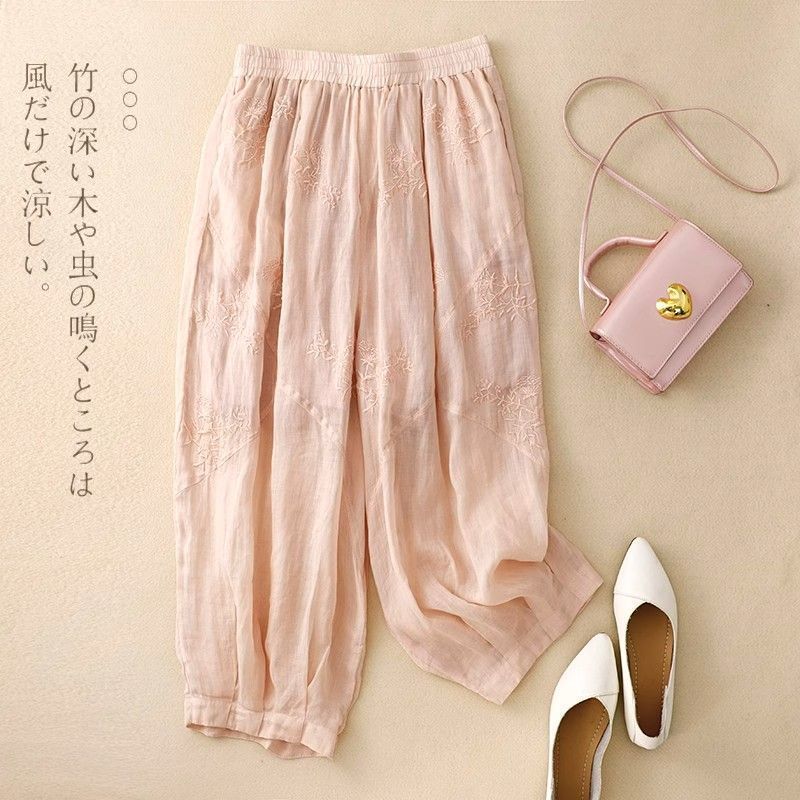 綿とリネンのアートハーレムパンツ婦人服 2025 夏の新レトロ刺繍軽くて通気性のある弾性ウエストブルマトレンディ|undefined
