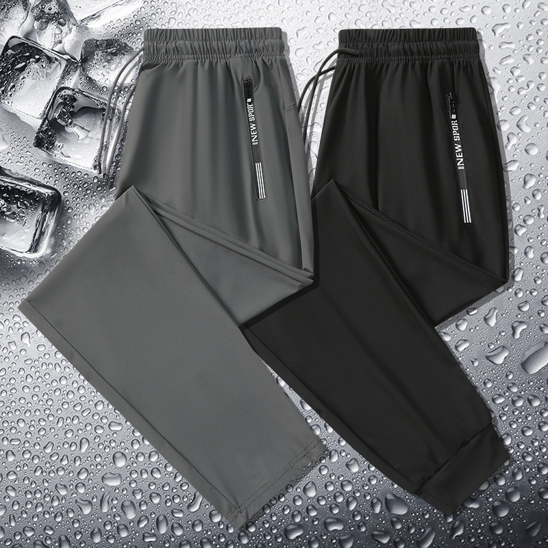 Pantalones de seda hielo de verano con doble cremallera, pantalones largos cortos de verano de talla grande con pierna recta casual