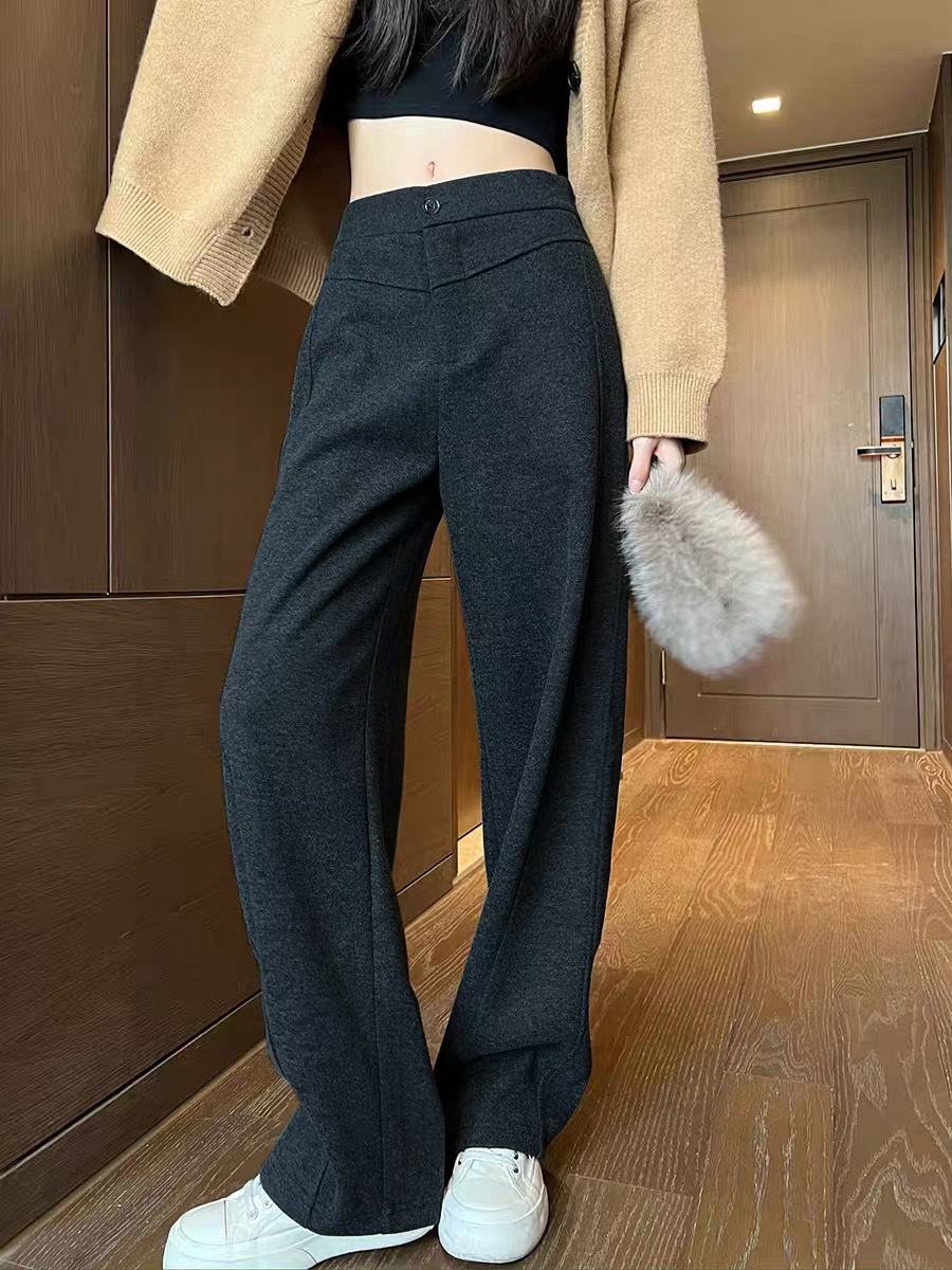 灰色のバナナのズボンの女性は秋冬に厚い直筒の狭い版の広い足のズボンのカジュアルなウールです。