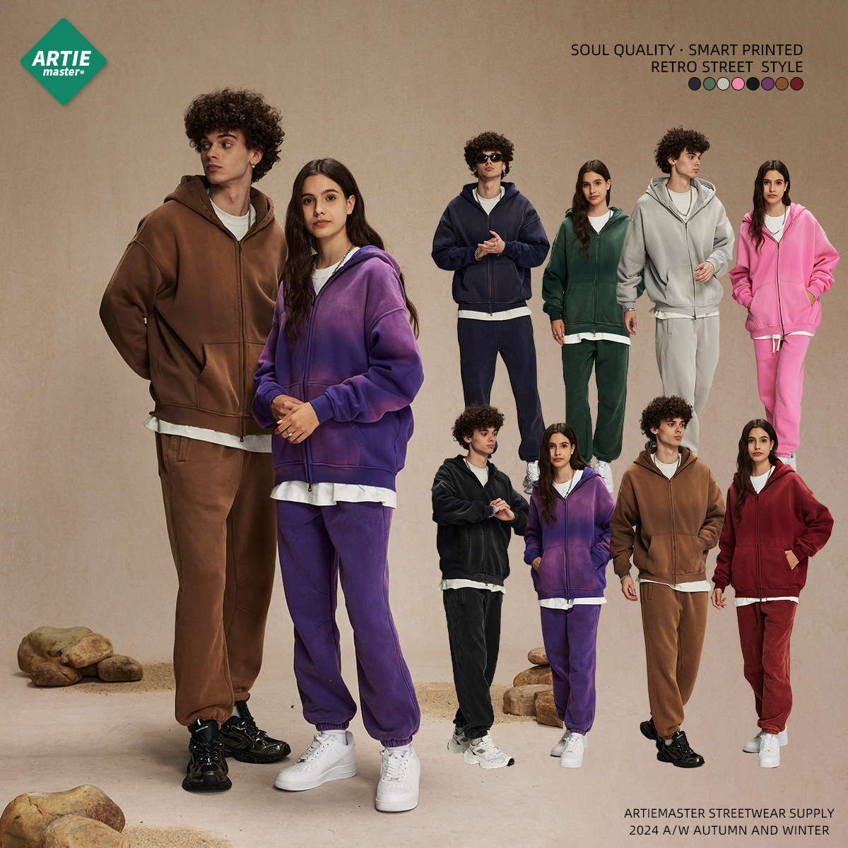 ARTIE Ropa de hombre | 2025 ropa de invierno engrosada teñida con aerosol viejo cremallera de doble punta marca de moda sudadera para hombres sudadera con capucha lavada para hombres y mujeres