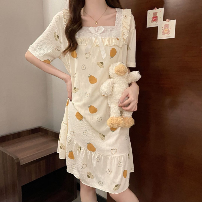 2024 pijama de mujer pijama de algodón de verano de manga corta encaje largo fresco ropa de hogar de estudiantes al por mayor