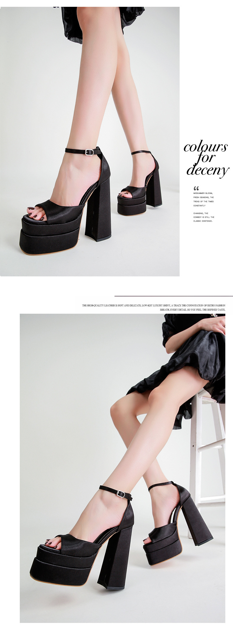 Sandal cao gót nữ mũi vuông rỗng gót vuông satin — Màu đen chi tiết 8