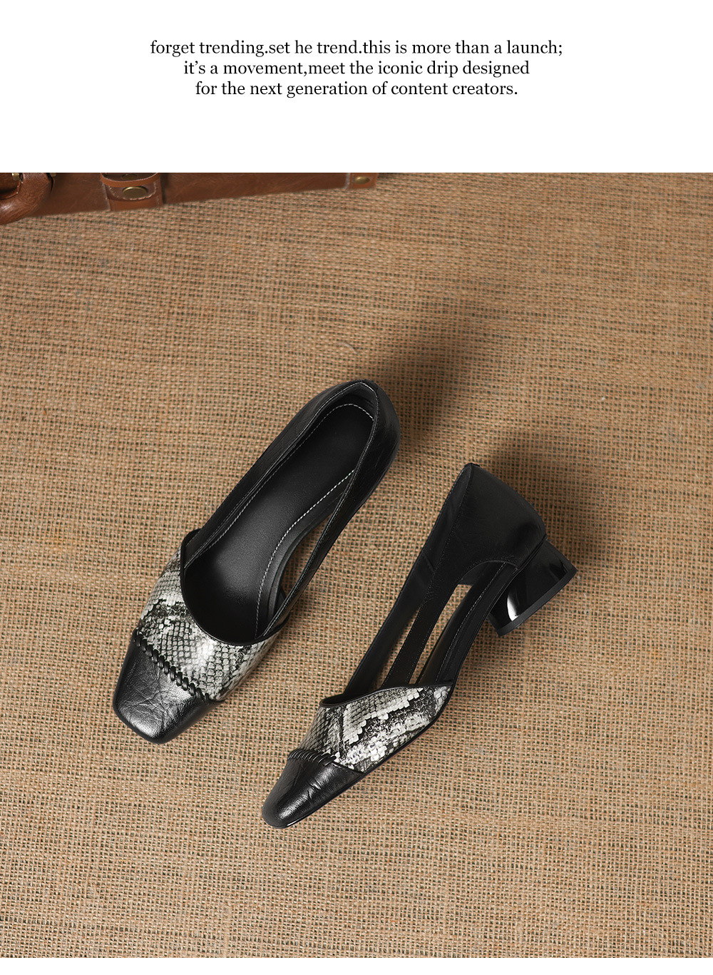 Sandal nữ mũi vuông gót thấp 3 cm da cừu phối màu họa tiết rỗng — đen chi tiết 19