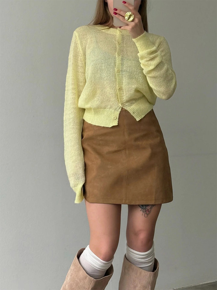 Áo cardigan len nữ dệt kim mỏng cổ tròn dáng rộng phối nút — Vàng nhạt, màu hồng, màu nâu, trắng