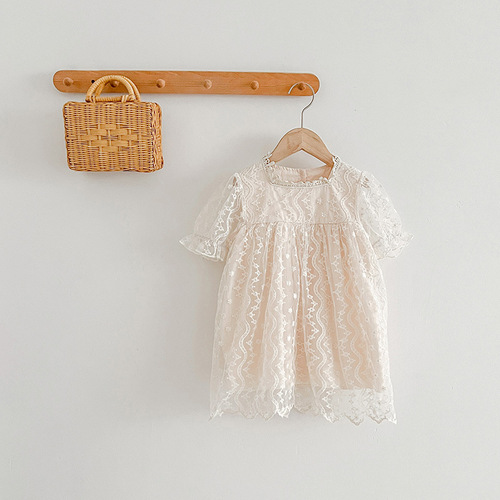 Summer New Lace Edge Short Sleeve Baby Girls' Korean Style Sister Set Girls' Princess Dress Net Fabric Tunic