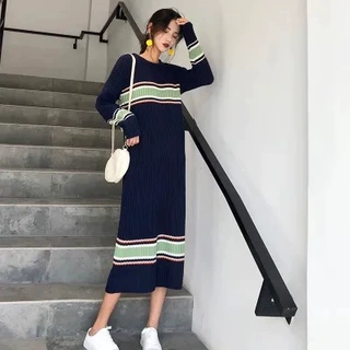 慵懒风长款宽松大码条纹针织连衣裙加厚毛衣裙女藏青色均码薄纱