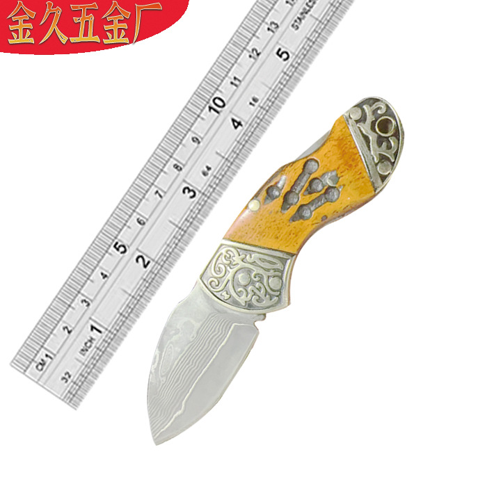 大马士革钢牛骨迷你小折刀户外水果刀随身折叠刀手把肉刀户外小刀