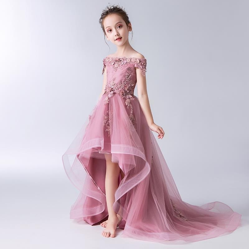 Roze prinsessenjurk voor meisjes met sleep – elegante jurk met één schouder en bloemenversiering voor optredens, bruiloften en feesten (80-160 cm)_voghion.com