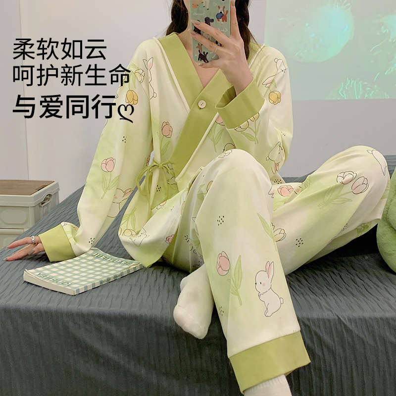 음력 의류 봄과 가을 클래스 A 산후 수유 임신 여성 잠옷 순면 여름 임산부 수유 얇은 세트
