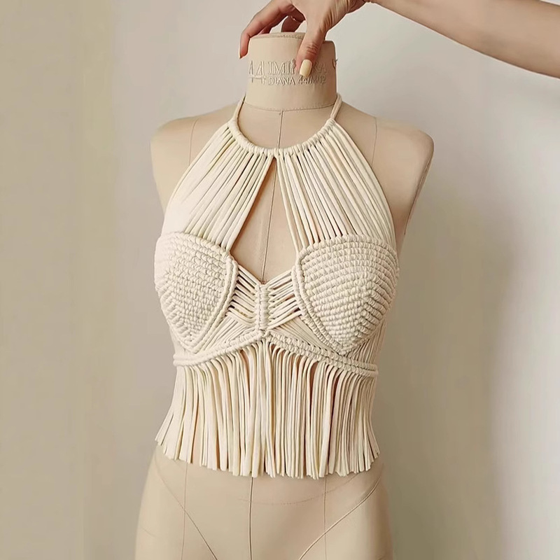 2025 Bohemian Women's Bikini Beach Vest Cover Ups Crochet Tassel Handmade Top