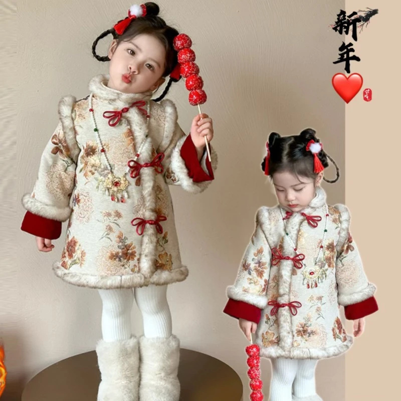 Niñas gruesas falda cheongsam otoño invierno 2025 nuevo estilo chino chino chino vestido de estilo nacional niños grueso vestido de Año Nuevo image 4