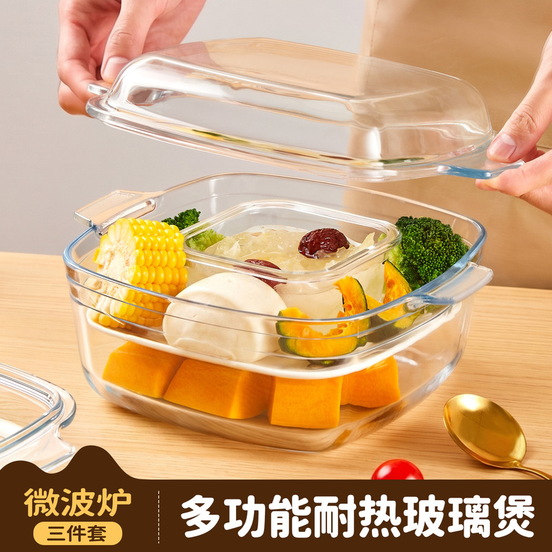 High-temperature resistant glass egg steamer pot, transparent with lid, double-handled heat-resistant stew pot, microwave-safe bowl and plate High-temperature resistant glass egg steamer pot, transparent with lid, double-handled heat-resistant stew pot, microwave-safe bowl and plate