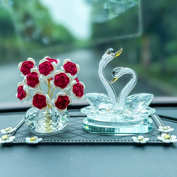 White crystal swan + red couple roses and baby's breath + small daisy cushion
