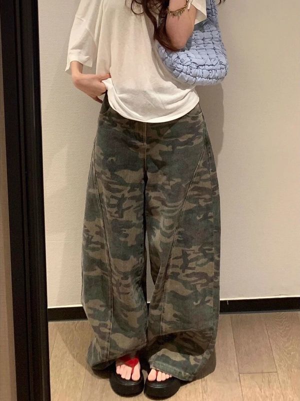 大码美式复古迷彩阔腿牛仔裤女街头辣妹宽松垂感廓形拖地弯刀长裤|undefined
