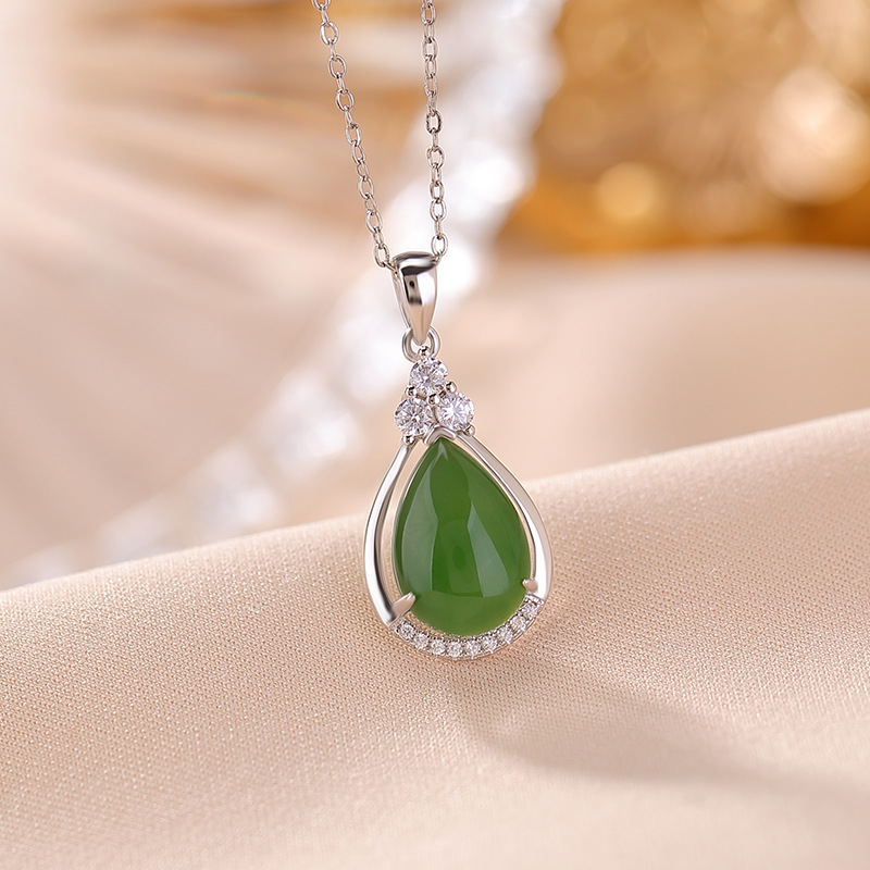 Mặt dây chuyền bạc S925 mạ vàng đá Jasper tự nhiên hình giọt nước dát ánh sáng — Mẫu bạc (không bao gồm dây chuyền)