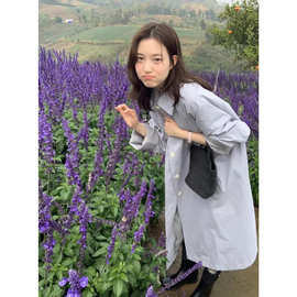 2026春季新款韩国设计师简约通勤雾霾蓝单排扣宽松翻领长款风衣