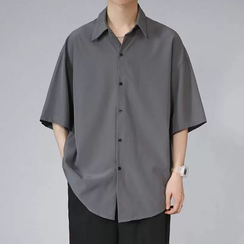 夏用メンズ黒半袖シャツ、ゆったり、ノンアイロン、薄手、ミッドスリーブ、メンズ白シャツ、トレンド|undefined