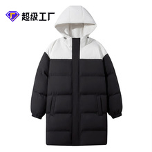 跨境拼色中长款棉衣男女同款冬季宽松加厚棉袄御寒保暖大衣棉服男