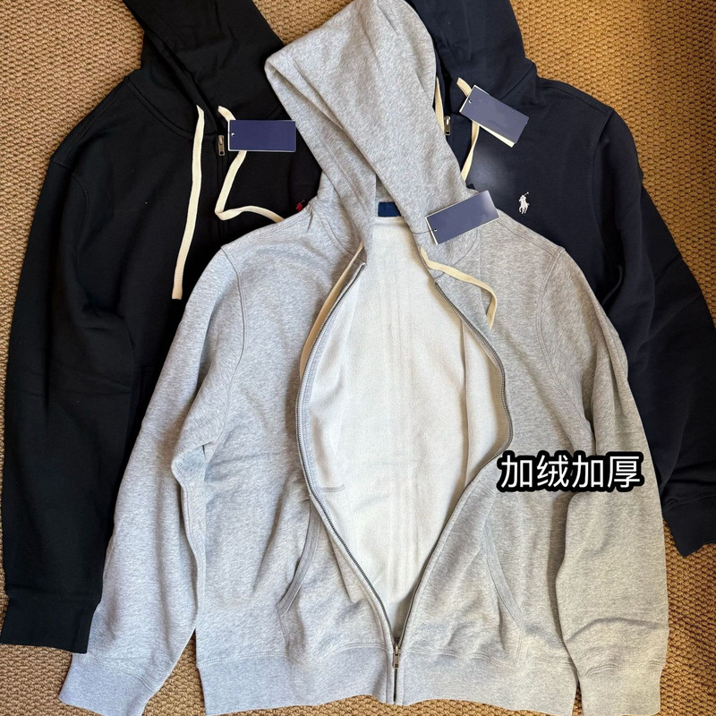 High-Quality Foreign Trade Rl Fleece Pony Embroidered Hooded Zipper Fleece-Lined Thickened Jacket Sweatshirt for Men and Women