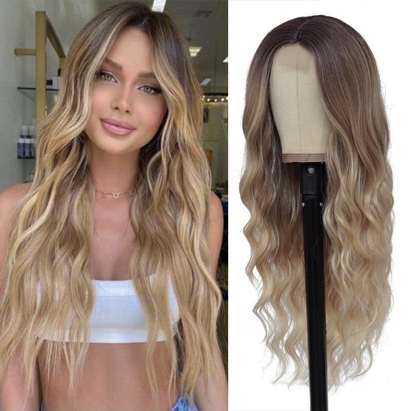 European and American Cross-Border Wig Gradient Color Big Wave Medium Parted Long Curly Wig Female Wig Front Lace Wig Headgear
