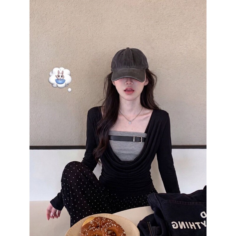 【Official Image: Customizable Modal 260g 1*1+ Full Stitching】Spicy Girl Style Faux Two-Piece Drop-Neck T-Shirt