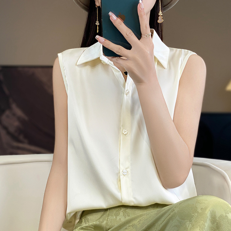 Sleeveless Satin Shirt for Women, Short Style, Short-Sleeved Top, High-End Formal Wear, Summer Layering Acetate Base Shirt