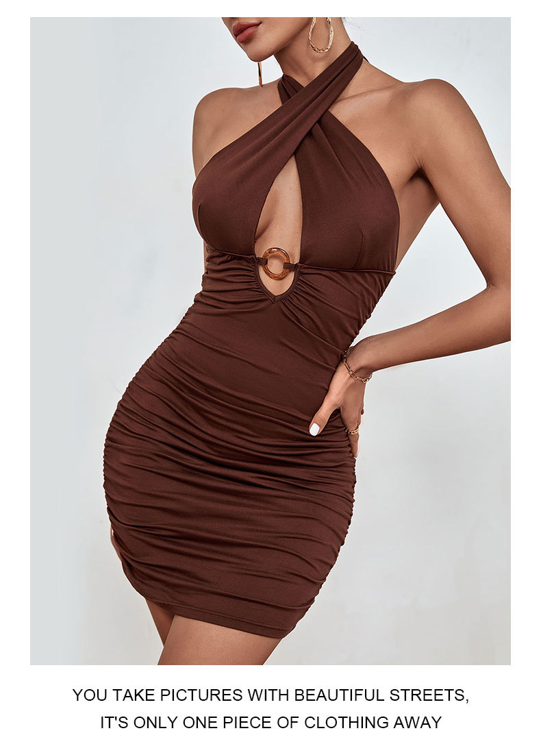 hanging neck backless lace-up tight hollow solid color dress NSDMB127436