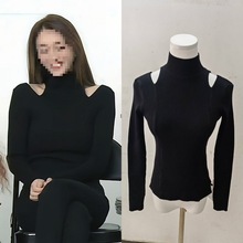 长期现货2025秋冬李小冉同款黑色镂空针织衫上衣露肩半高领毛衣女