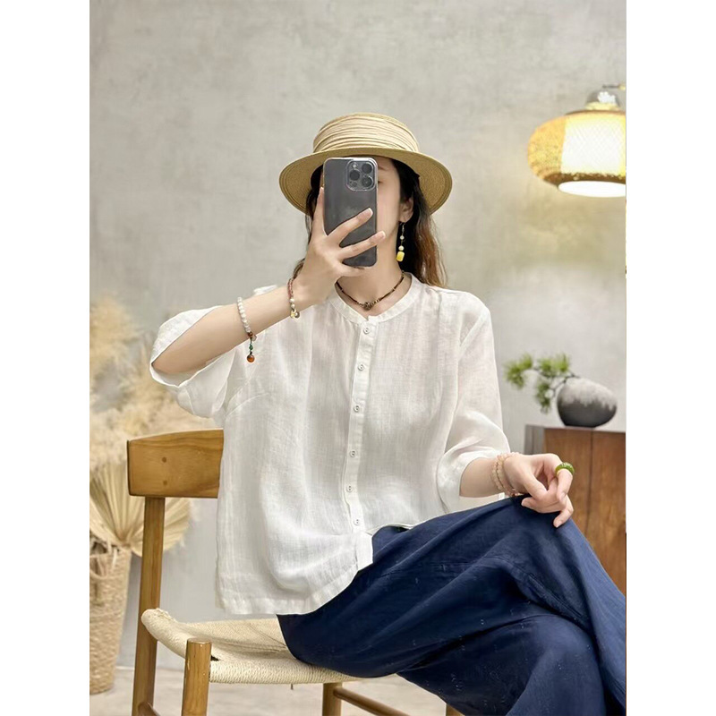Simple Style Stand-Up Collar Mid-Sleeve Summer New Cotton and Linen Short-Sleeved Shirt Loose Slimming Casual Cardigan Top for Women
