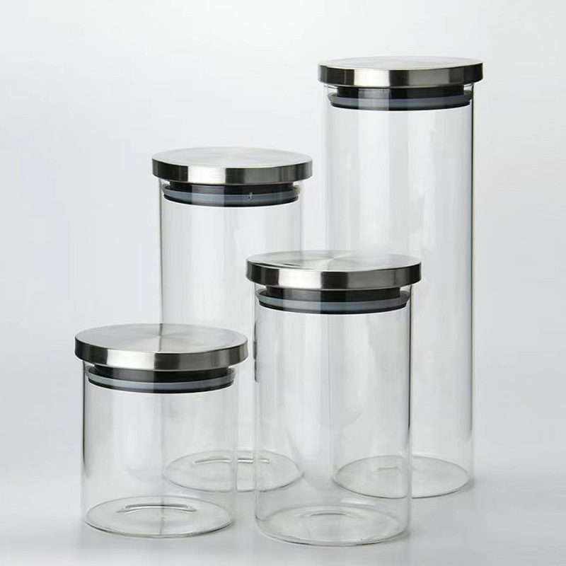 Venta al por mayor de acero inoxidable cubierta de granos de cocina botella de almacenamiento de vidrio sellado tarro fijo logotipo engrosado tarro de almacenamiento transparente