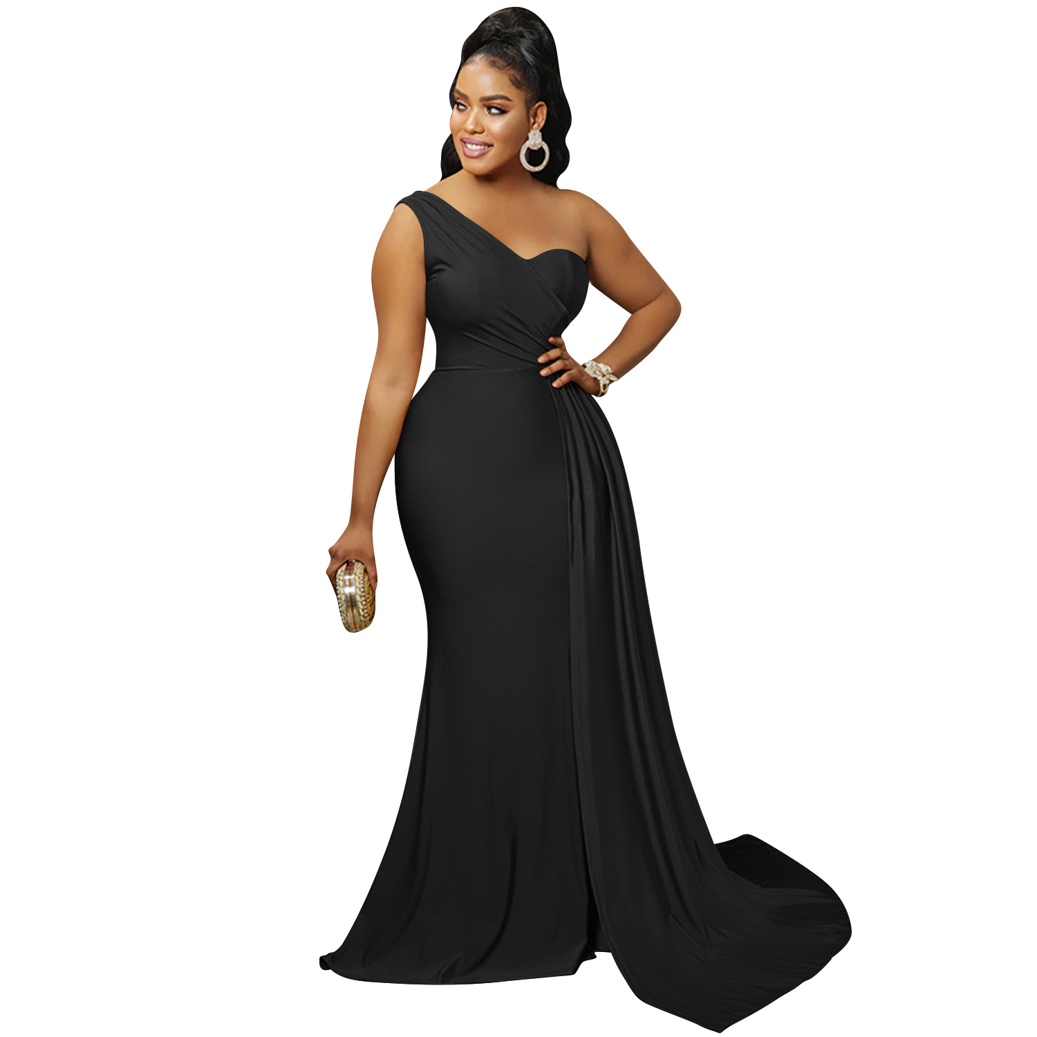 X5819 europeo y americano nuevo AliExpress Amazon moda color sólido partido apretado Vestido de manga de un solo hombro vestido largo para las mujeres image 7