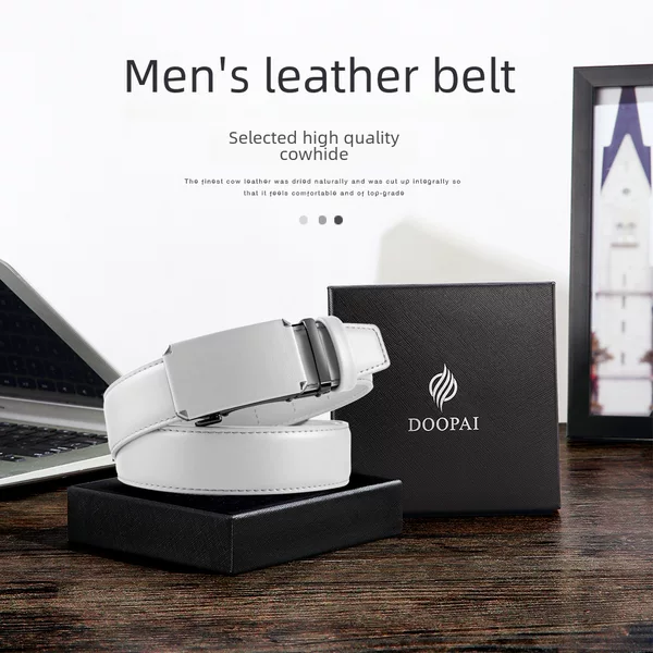 Men's Leather Belt with Automatic Buckle, Genuine Cowhide, Business Style, New Trendy Genuine Leather, Versatile, Cross-Border