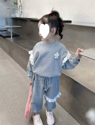 Girls Suit 2024 Spring and Autumn New Style Baby Girl Korean Suit Lace Flower Long Sleeve Casual Sweater Suit