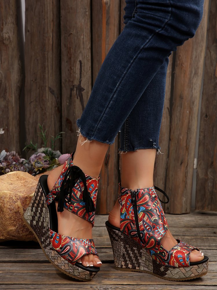 cross-border foreign trade plus size european and american wedge 2025 summer new tassel high heel peep toe platform muffin leopard print sandals women undefined