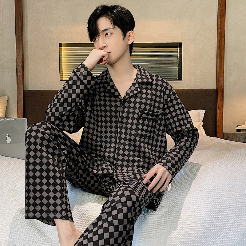 Pijamas de hombre cuidadosamente seleccionados, primavera y otoño, algodón puro, manga larga, nuevo estilo suelto, talla grande, los jóvenes pueden usar ropa de hogar