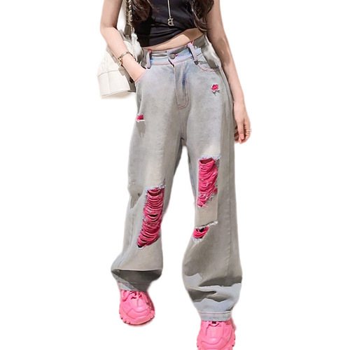 Girls 2024 Summer New Pink Ripped Jeans Autumn Loose Straight American Wide Leg Pants Trendy Children's Pants