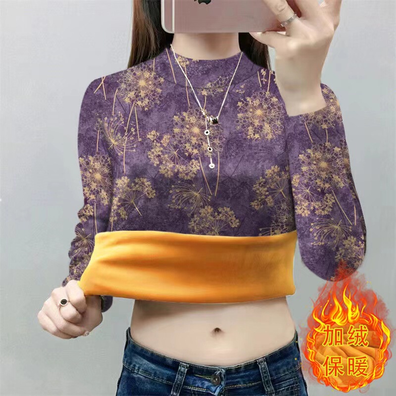 Plush Warm Top for Mom, One-Piece Velvet Bottoming Shirt for Women, New Winter Style, Fashionable Half Turtleneck, Long Sleeves