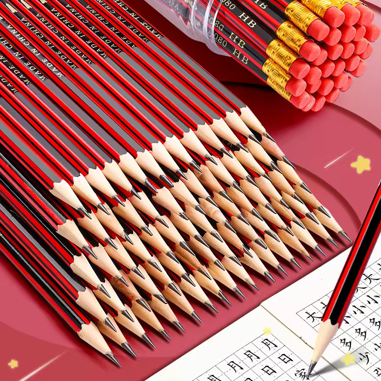 Pencils with Eraser Head for Primary and Secondary School Students, Hexagonal Wooden Pencils, Hb Red and Black Striped Coated Pencils, Wholesale Stationery