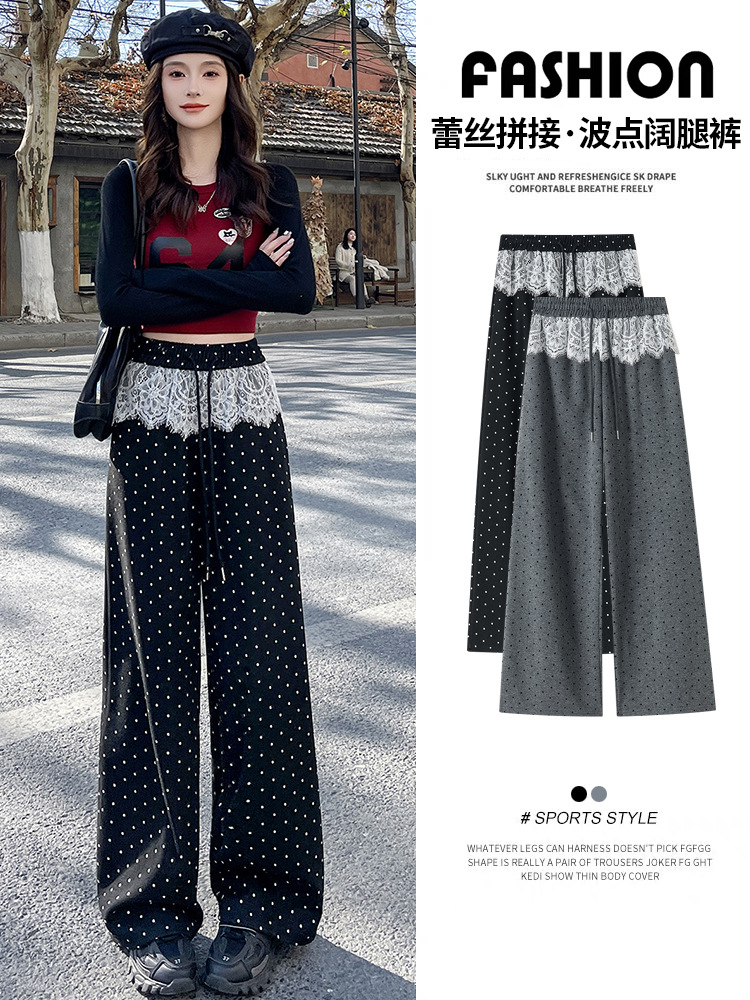 Pantalones anchos con costuras de encaje negro, pantalones de pierna recta delgados de cintura alta de primavera para mujer, leggings con cordón de lunares sueltos de todo fósforo