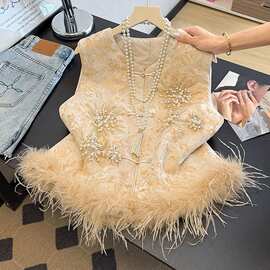 秋冬季新款新中式夹棉马甲女复古国风坎肩毛毛提花无袖马夹背心