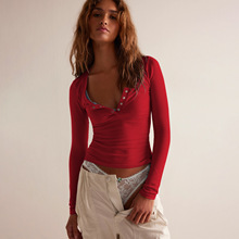 2025跨境新品V领单排扣长袖T恤个性外穿修身打底衫显身材纯欲上衣