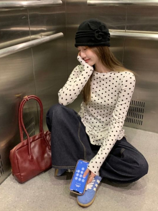长袖t恤女2025新款秋季打底衫韩系穿搭设计感波点荷叶边白色上衣|undefined