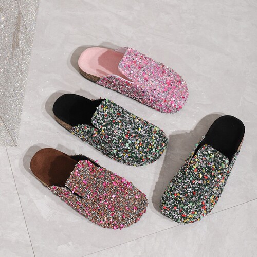 Baotou Pointed Toe Slipper with Glitter for Women, Half-House Slipper, Adult Soft Cork Shoes, Comfortable Leisure, Non-Slip, European and American Style