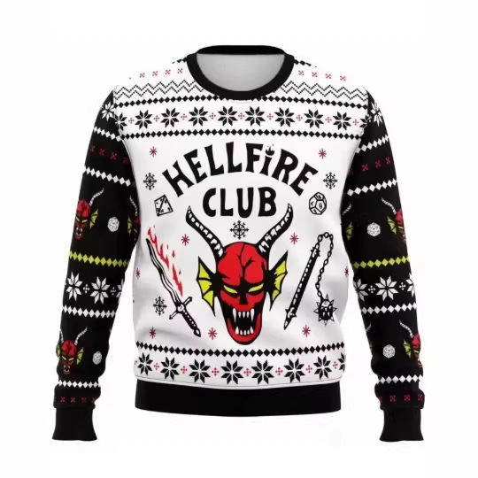 Ugly Christmas Hellfire Club Devil Pattern Pullover Sweatshirt Men Women Movie Fans Casual Long Sleeve Holiday