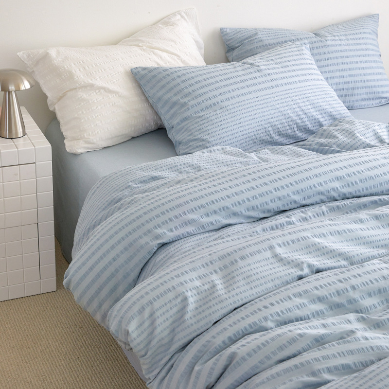 Same style as big-name stores/Factory direct! Class A pure cotton 100% cotton seersucker four-piece bedding set: fitted sheet and duvet cover