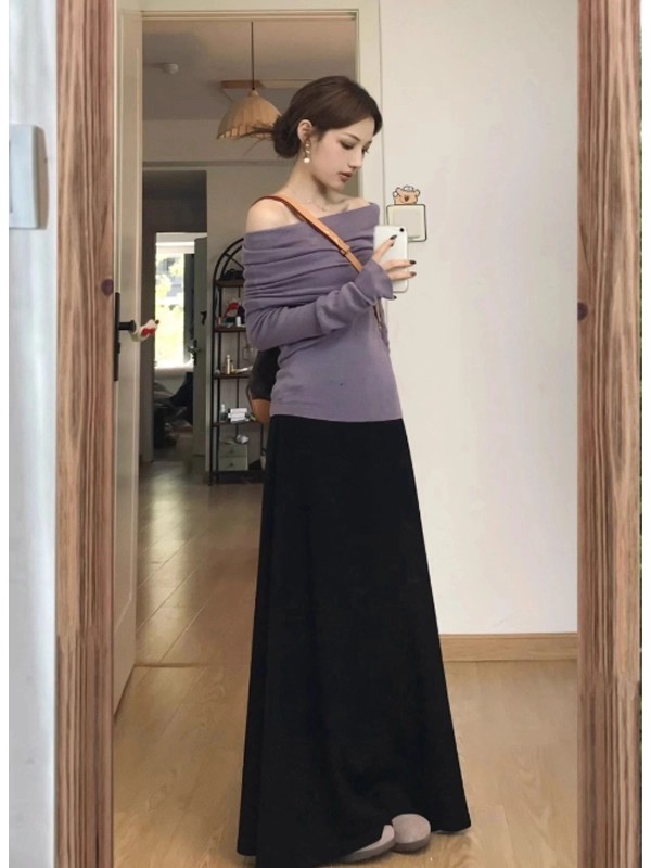 法式紫色一字肩连衣裙子女早秋季2025新款韩系小个子穿搭套装长裙|undefined